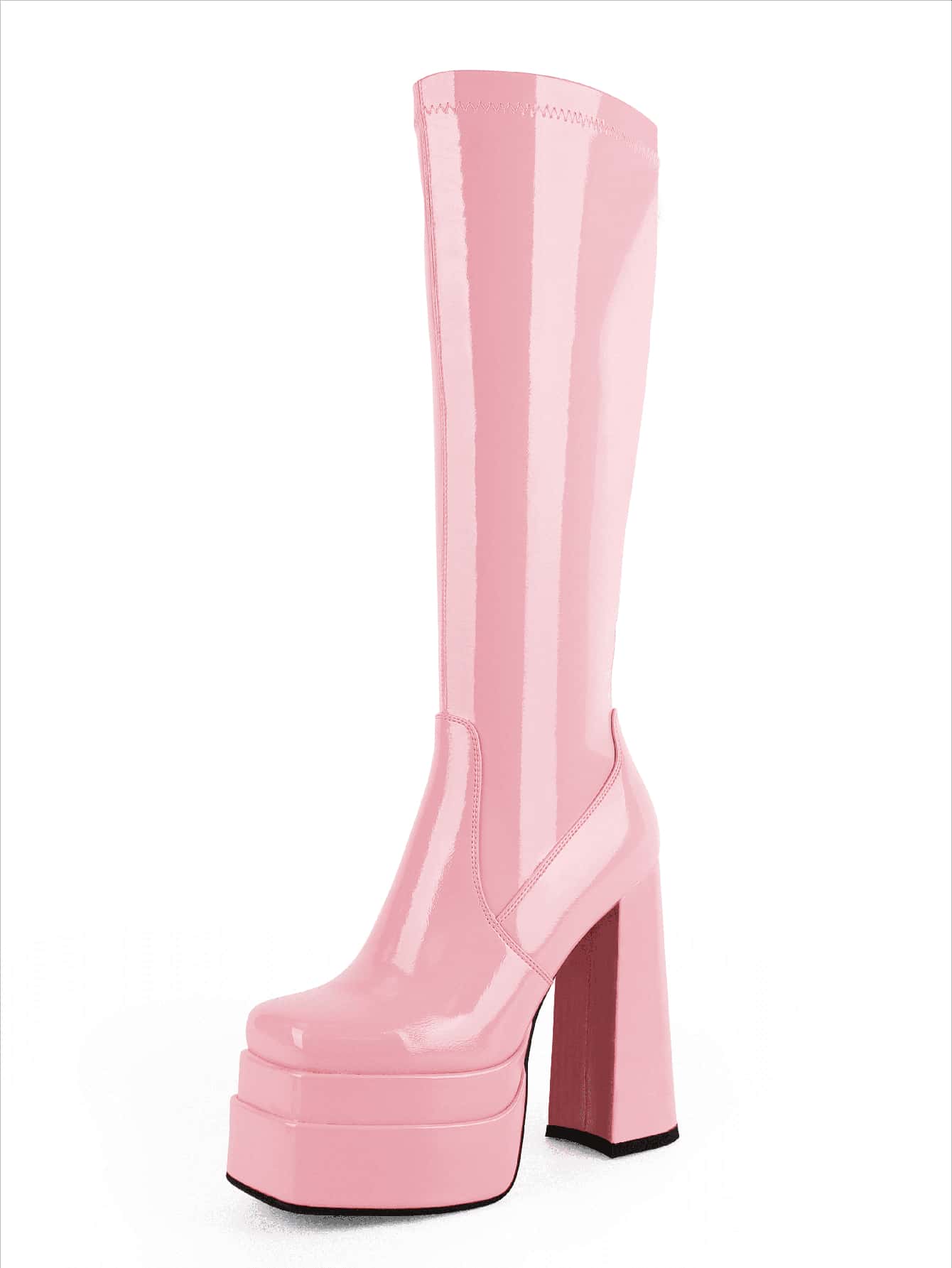 WETKISS Stacked Platform High Heel Knee High Boots For Women Chunky High Heeled PU Leather Boots Square Toe Side Zip Stretch Go-Go Boot