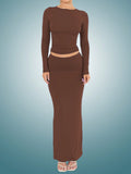 Ladies' Solid Color Round Neck Long Sleeve T-Shirt And Fish Tail Skirt Two-Piece Set