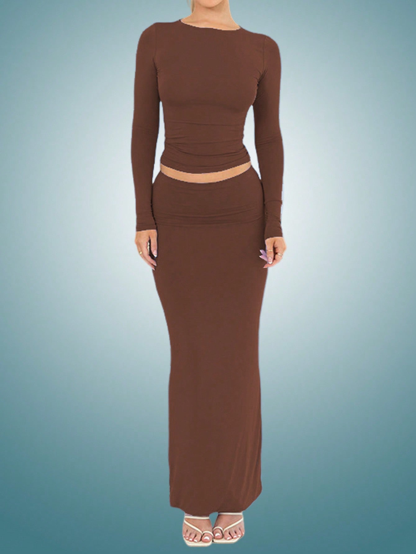 Ladies' Solid Color Round Neck Long Sleeve T-Shirt And Fish Tail Skirt Two-Piece Set