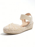 Women's Peep Toe Rubber Sole Wedge Sandals With Four Flower Embellishments And Linen Strap