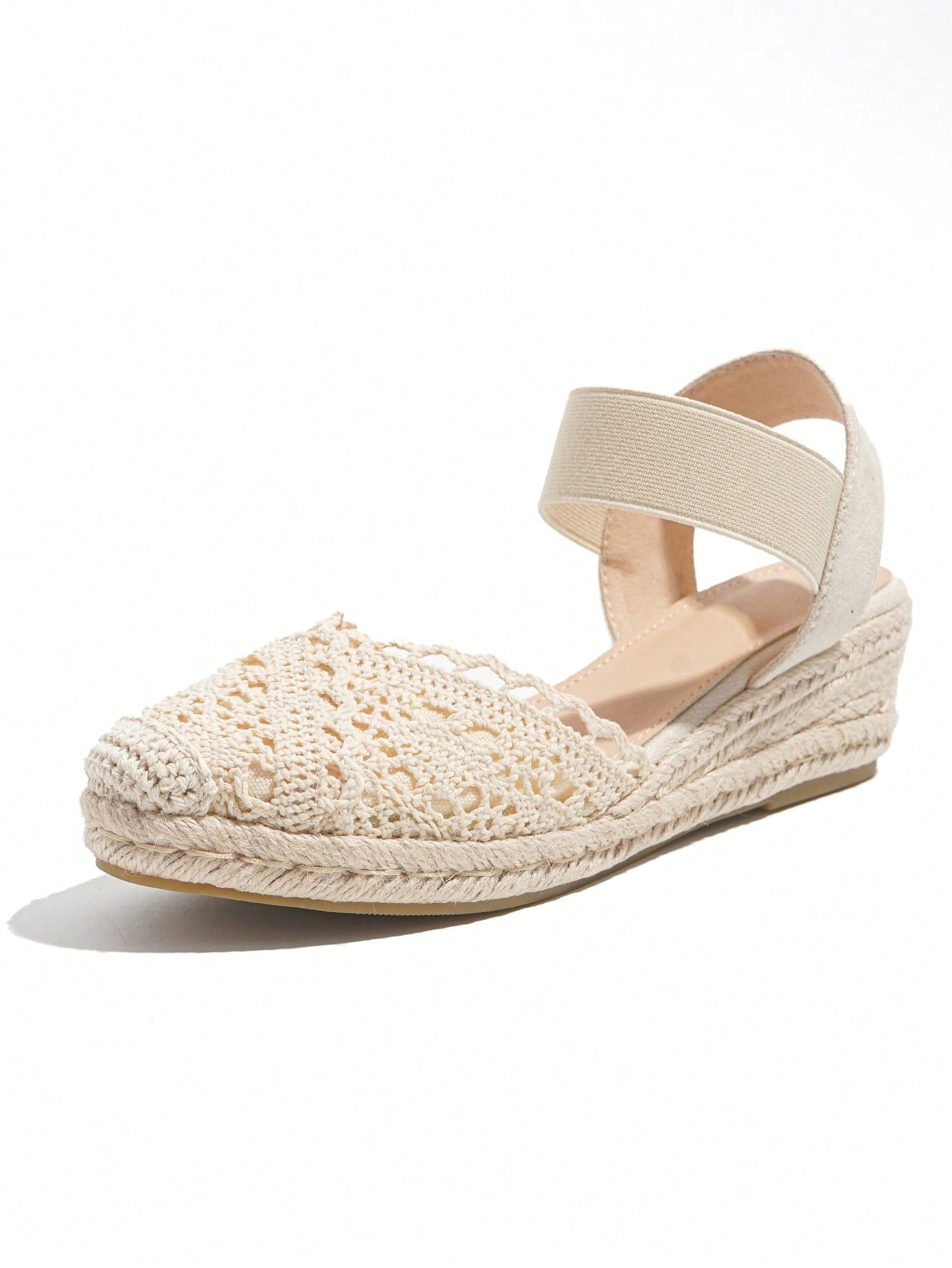 Women's Peep Toe Rubber Sole Wedge Sandals With Four Flower Embellishments And Linen Strap