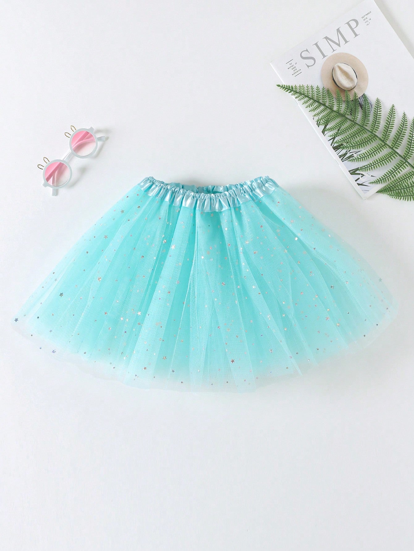 Young Girls' Mesh Tutu Skirt With Star And Moon Decor, Two Layers Of Solid Color Mesh Skirt Inside, Suitable For Stage Performance
