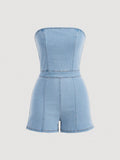 Women's Light Blue Washed Denim Strapless Romper