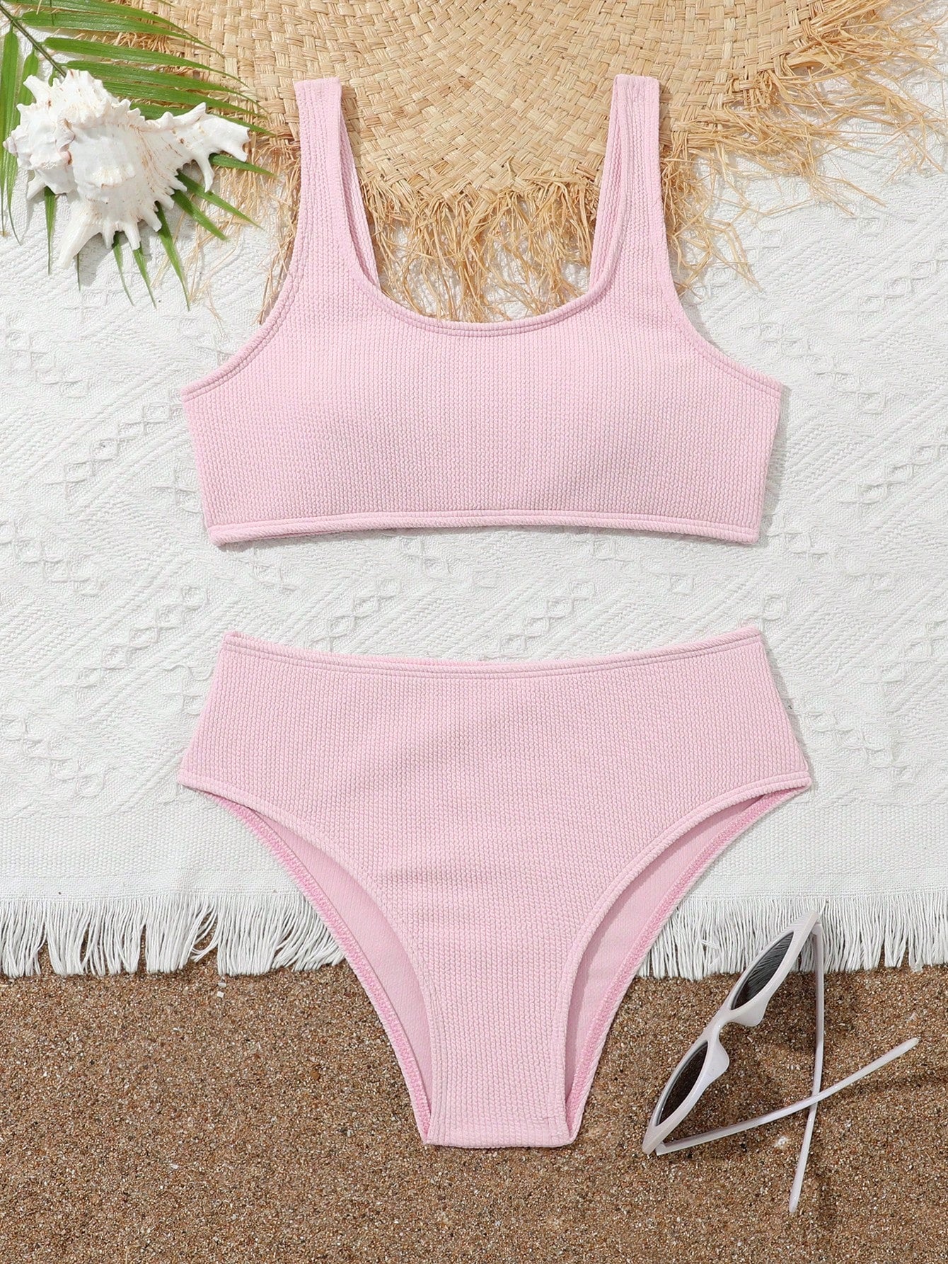 Tween Girls' Solid Color Round Neck Ribbed Bikini Set