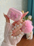 Pink Transparent Glitter Earphone Case With Rhinestone & Bowknot, Icy Flower Pom Pom Beaded Earphone Chain