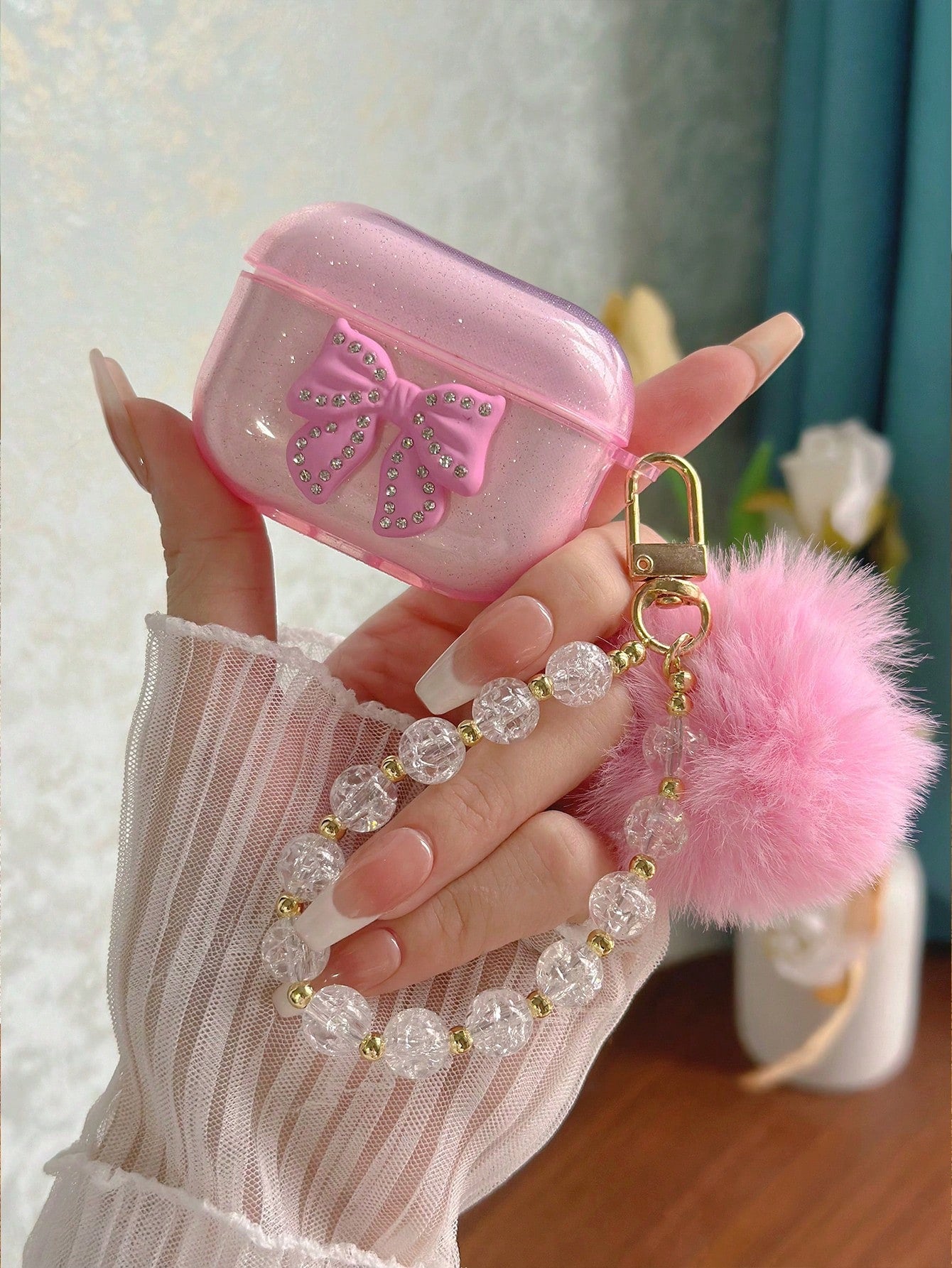 Pink Transparent Glitter Earphone Case With Rhinestone & Bowknot, Icy Flower Pom Pom Beaded Earphone Chain