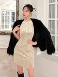 EastFlair Beige Velvet Cheongsam Dress