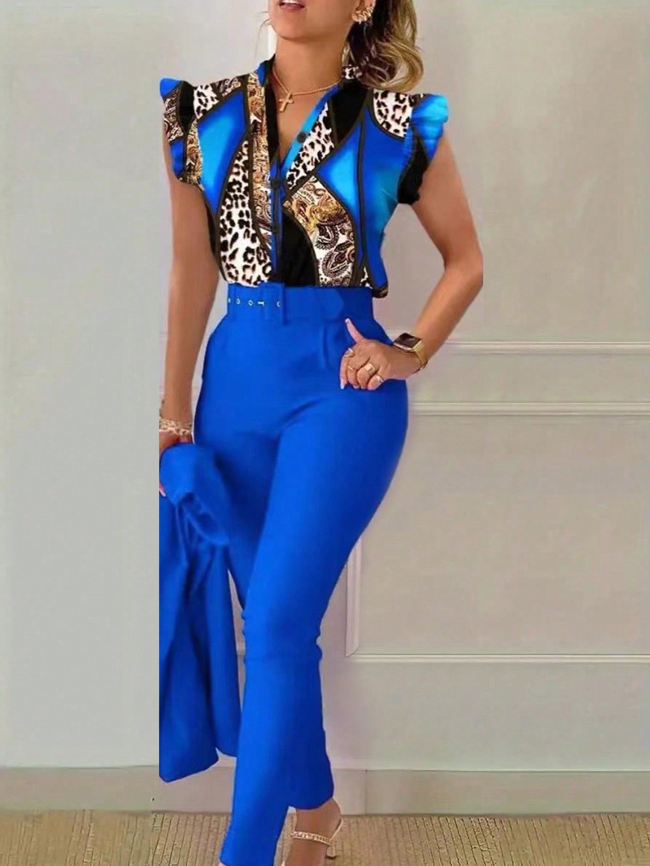 Women's Printed Patchwork Cap Sleeve Top And Solid Color Long Pants Two Piece Set