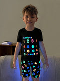 Young Boys' Leisure Cartoon Letter Print High Elastic Round Neck Pullover And Pants Snug Fit Homewear 2pcs/Set