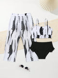 Young Girl Spaghetti Straps Sleeveless 3-Piece Swimwear Set With Random Prints