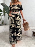 Ladies' Tropical Printed Off Shoulder Top With Lace Trim And Wide Leg Pants Set