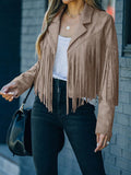 Astylish Women Long Sleeve Fringe Open Front Faux Suede Moto Jacket