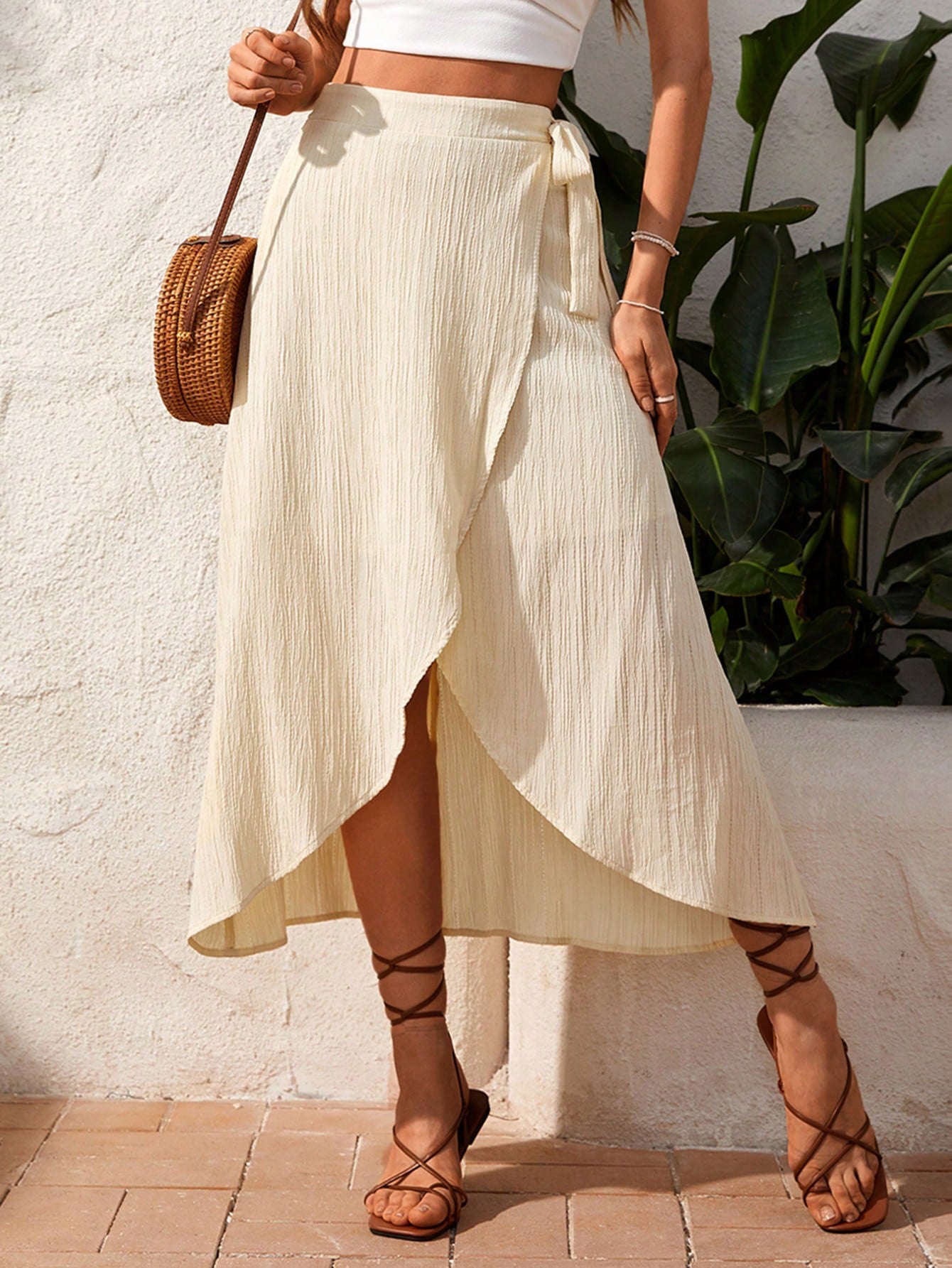 Vacation Style Midi Skirt For Women, One-Piece Patchwork Design, Spring