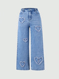 Streecool Kids Tween Girl Sweet & Trendy Heart Applique Embroidery Loose Fit Comfortable Wide Leg Jeans