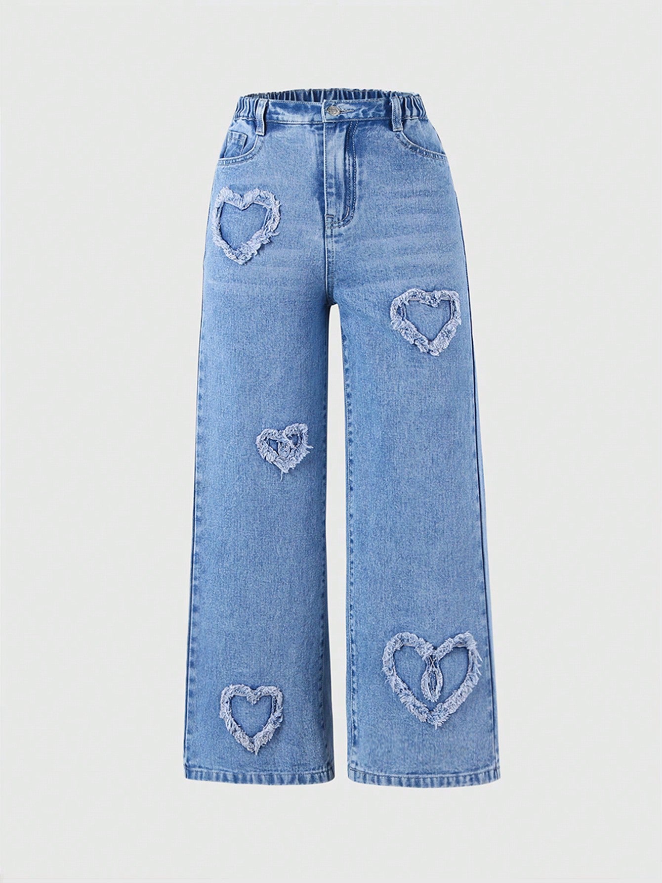 Streecool Kids Tween Girl Sweet & Trendy Heart Applique Embroidery Loose Fit Comfortable Wide Leg Jeans