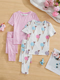 4pcs/Set Tween Girl Round Neck Short Sleeve T-Shirt And Pants Snug Fit Pajamas Set
