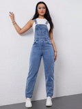 Ladies Solid Color Pocket Denim Overalls Jumpsuit