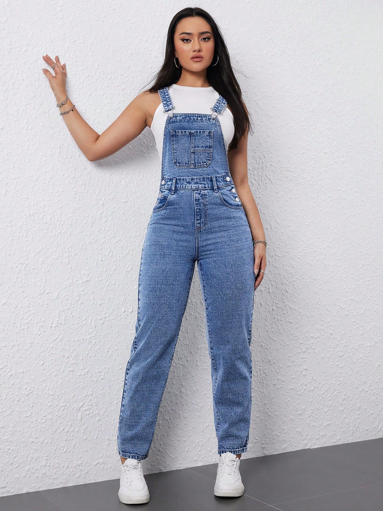 Ladies Solid Color Pocket Denim Overalls Jumpsuit