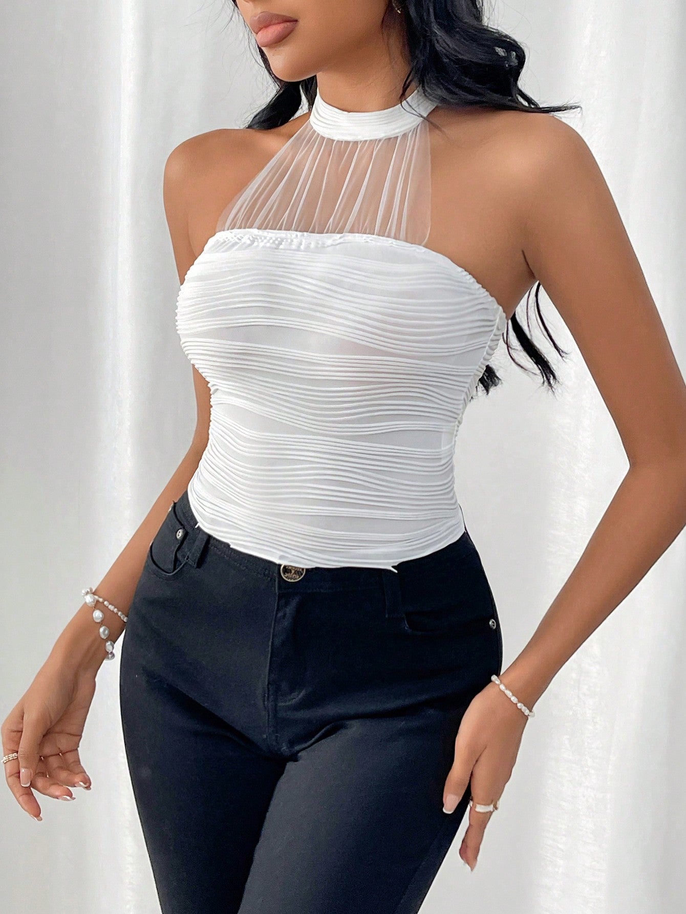 HEN PARTY Women's Mesh Patchwork Halter Knitted Top