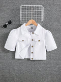 Girls Cropped Puff Sleeve Button-Front Flap Pocket White Denim Jeans Jacket,Kids Spring Summer Vacation Clothes