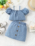 Young Girl Cute Street Beading Detail Elastic Fastening Camisole Top&Fully Elastic Waist Skirt With Button Front Denim Two Piece Set