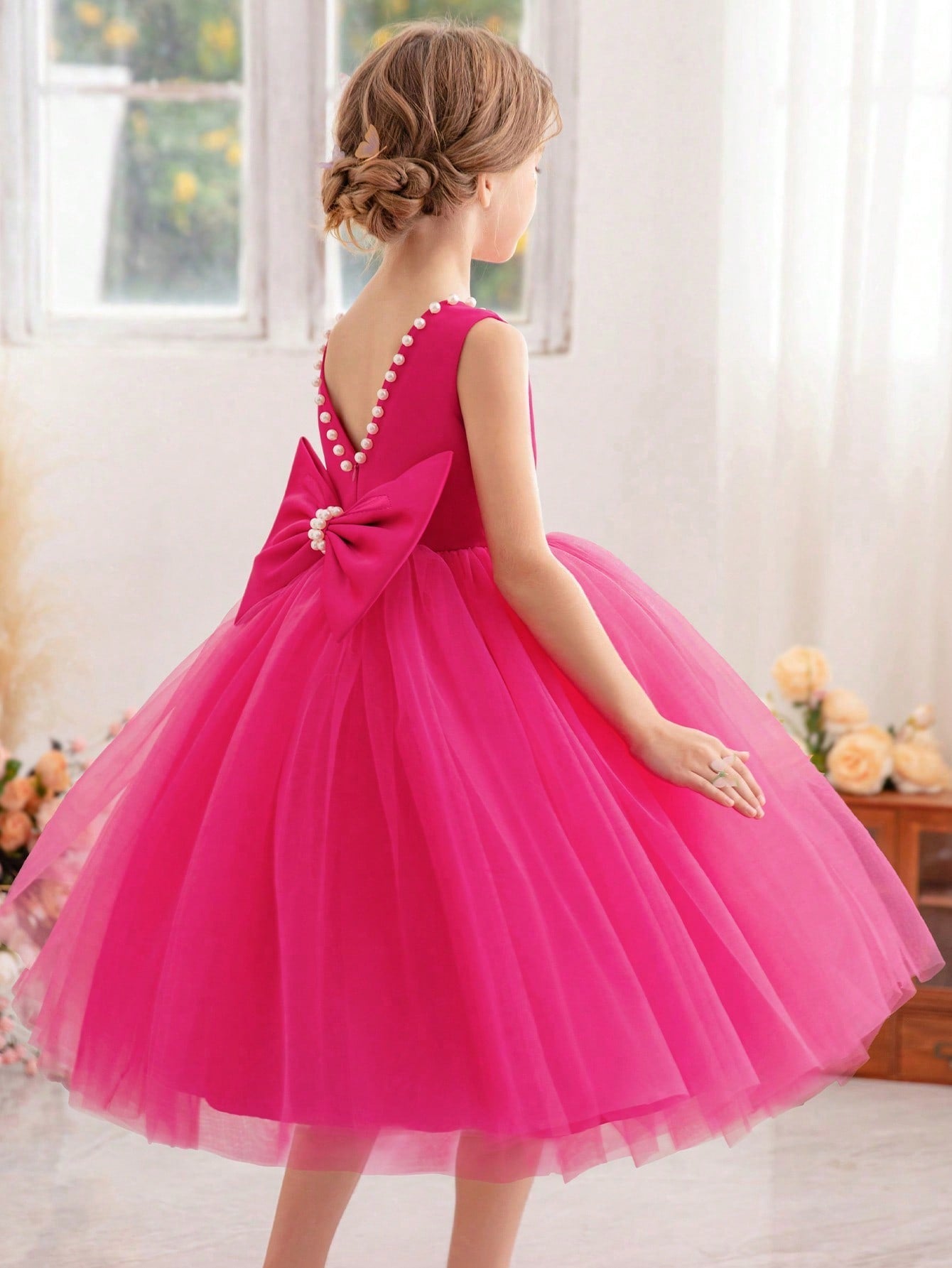 Young Girl Pearl Bowknot Decorated Mesh Patchwork Dress Suitable For Birthday Parties, Dance Parties, Festivals, Daily Wear, Ceremonies, Flower Girls, Weddings And Stage Performances