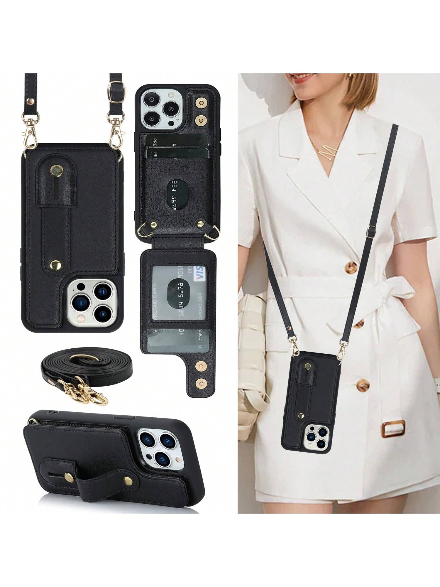 Fashionable Solid Color Faux Leather Crossbody Phone Wallet Case, With Wrist Strap, Stand, Long Neck Strap, For IPhone 15 14 13 12 11 Pro Max, 14 Plus, 15 Plus, XR, XS Max, SE, 6, 7, 8 Plus, S23 Ultra, S22 Ultra, S23 Plus, S22 Plus, A13, A14, A53, A54, A5