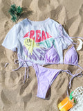 Swim Summer Beach Solid Color Knotted Bikini Set With Side Tie And Printed Cover Up Top