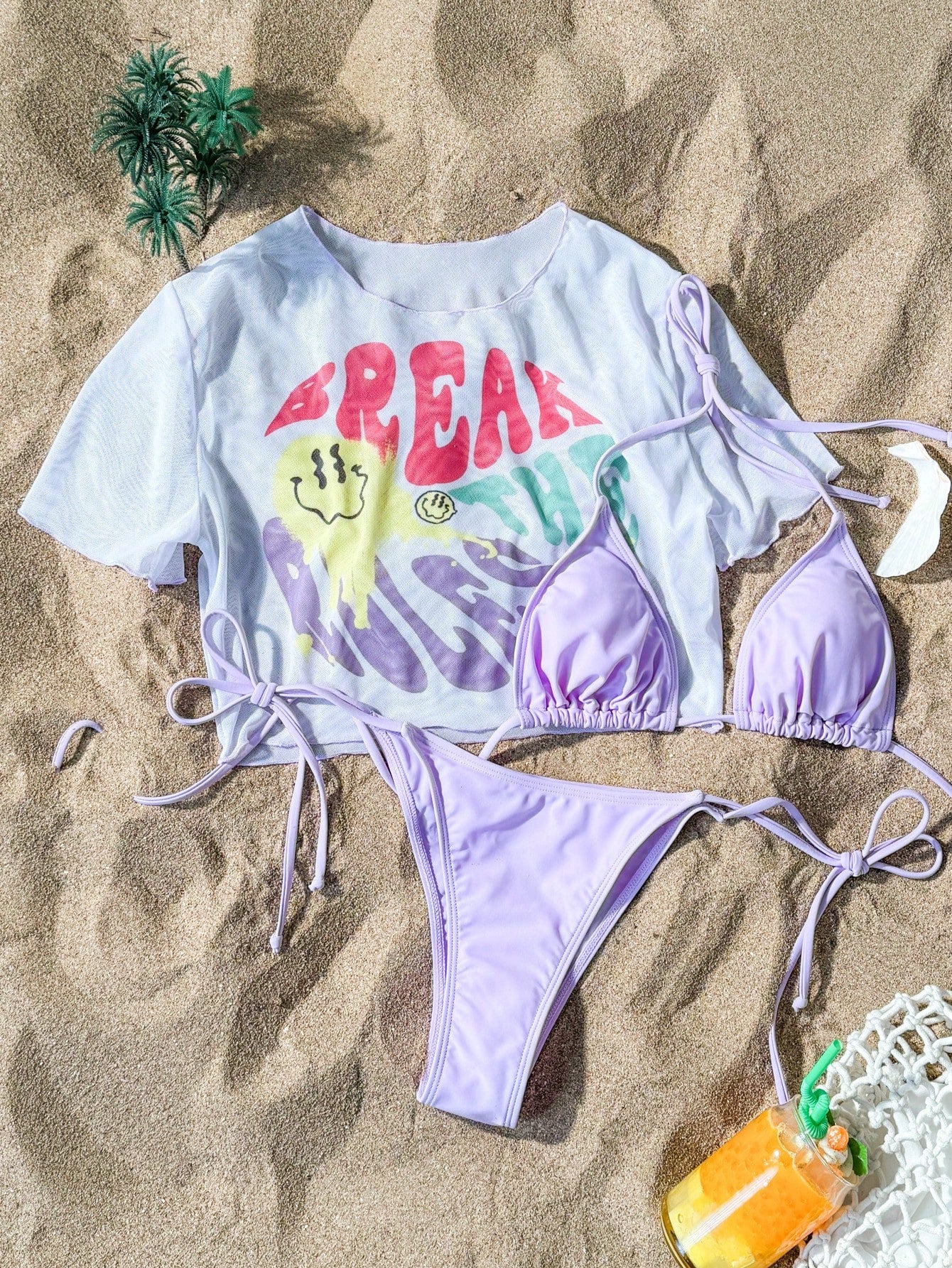 Swim Summer Beach Solid Color Knotted Bikini Set With Side Tie And Printed Cover Up Top