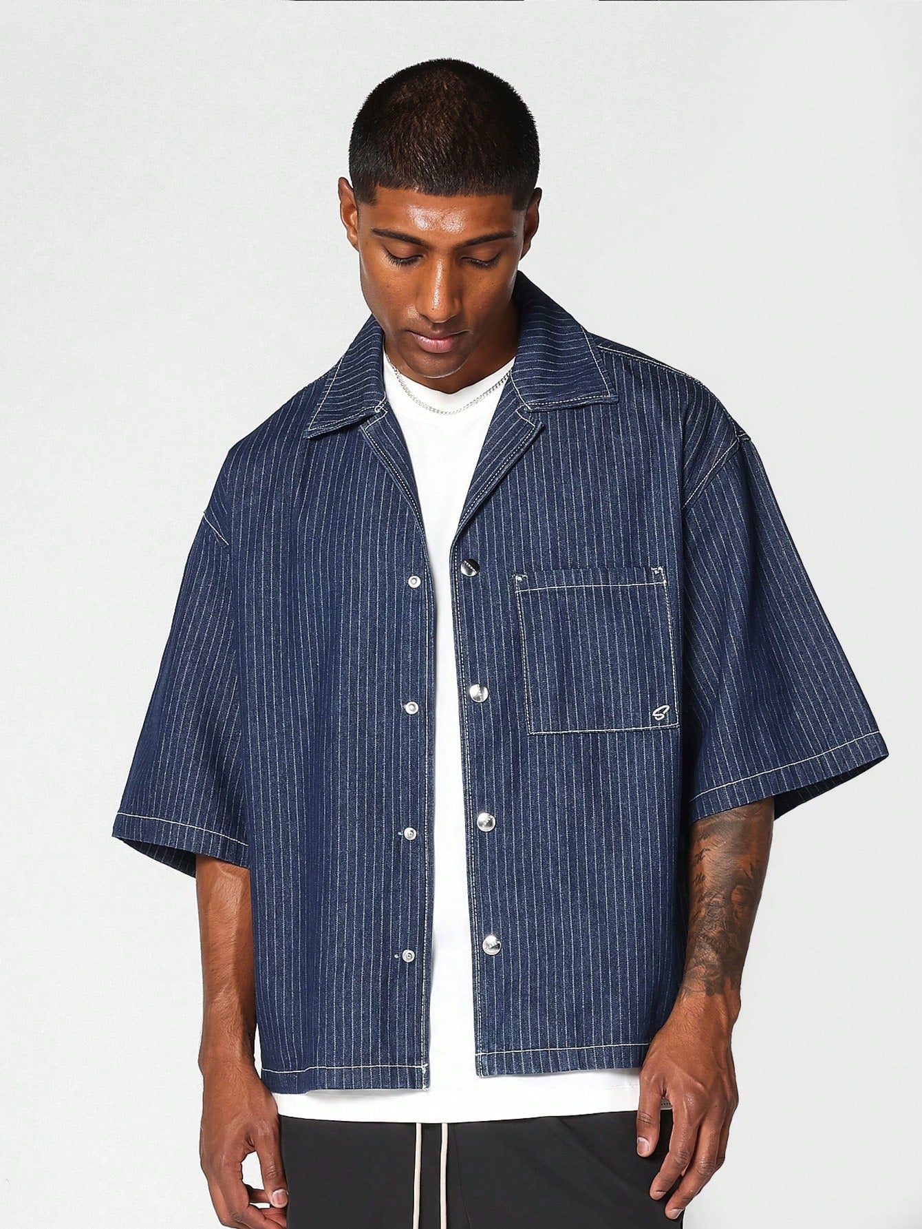 Boxy Fit Striped Denim Shirt College Ready