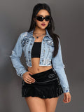 Raw Hem Shortened Denim Jacket With Distressed Details