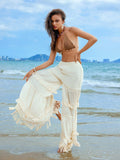 Anewsta Multilayer Tassel Trim Elastic Waist Vacation Pants