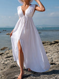 Swim Summer Beach Women's Plain Front Slit Drawstring Waist Cover-Up