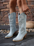 Floral Embroidered Cowboy Boots For Women Pointed Toe Medium Block Chunky Heel Pull On Tabs Cowgirl Boots
