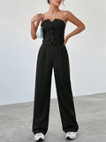 Ladies' Plain Strapless Top With Single-Breasted Button And Pants Two Piece Set