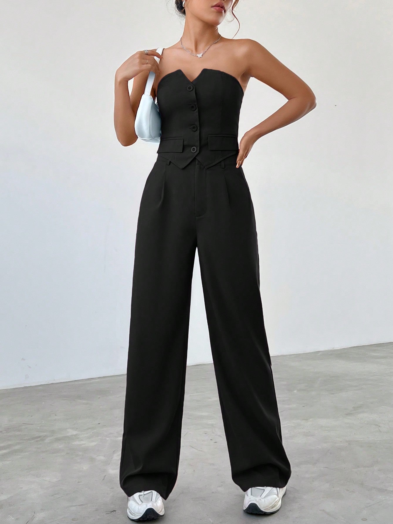 Ladies' Plain Strapless Top With Single-Breasted Button And Pants Two Piece Set