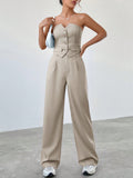 Ladies' Solid Color Strapless Top And Pants Set With Single Breasted Closure