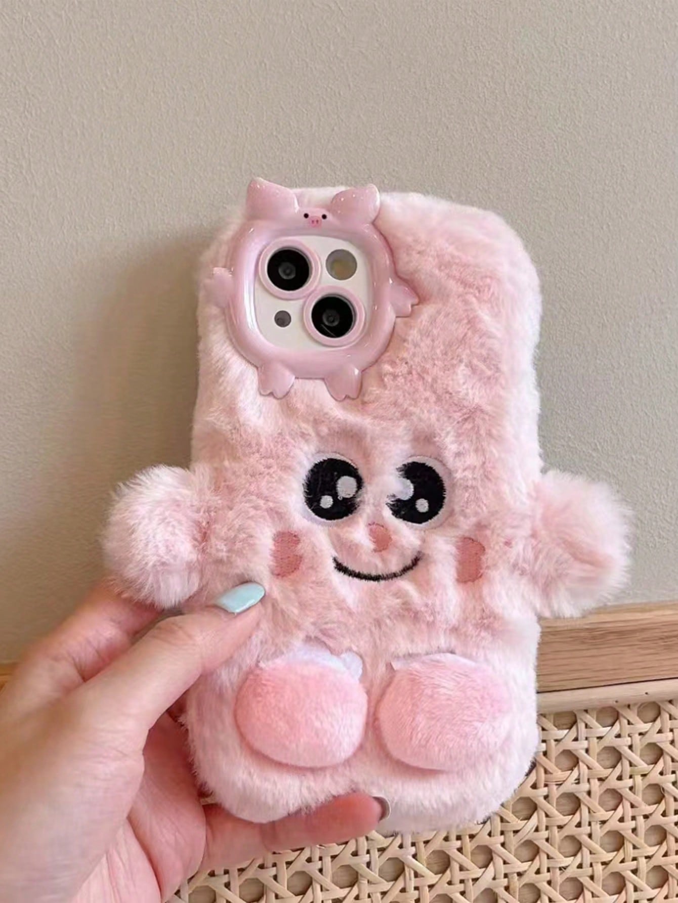 New Fashionable Cute Cartoon Plush Face Lens Protection Creative Funny Anti-Drop Niche Interesting Phone Case, Compatible With Iphone 11/12/13/14/15pro/Promax