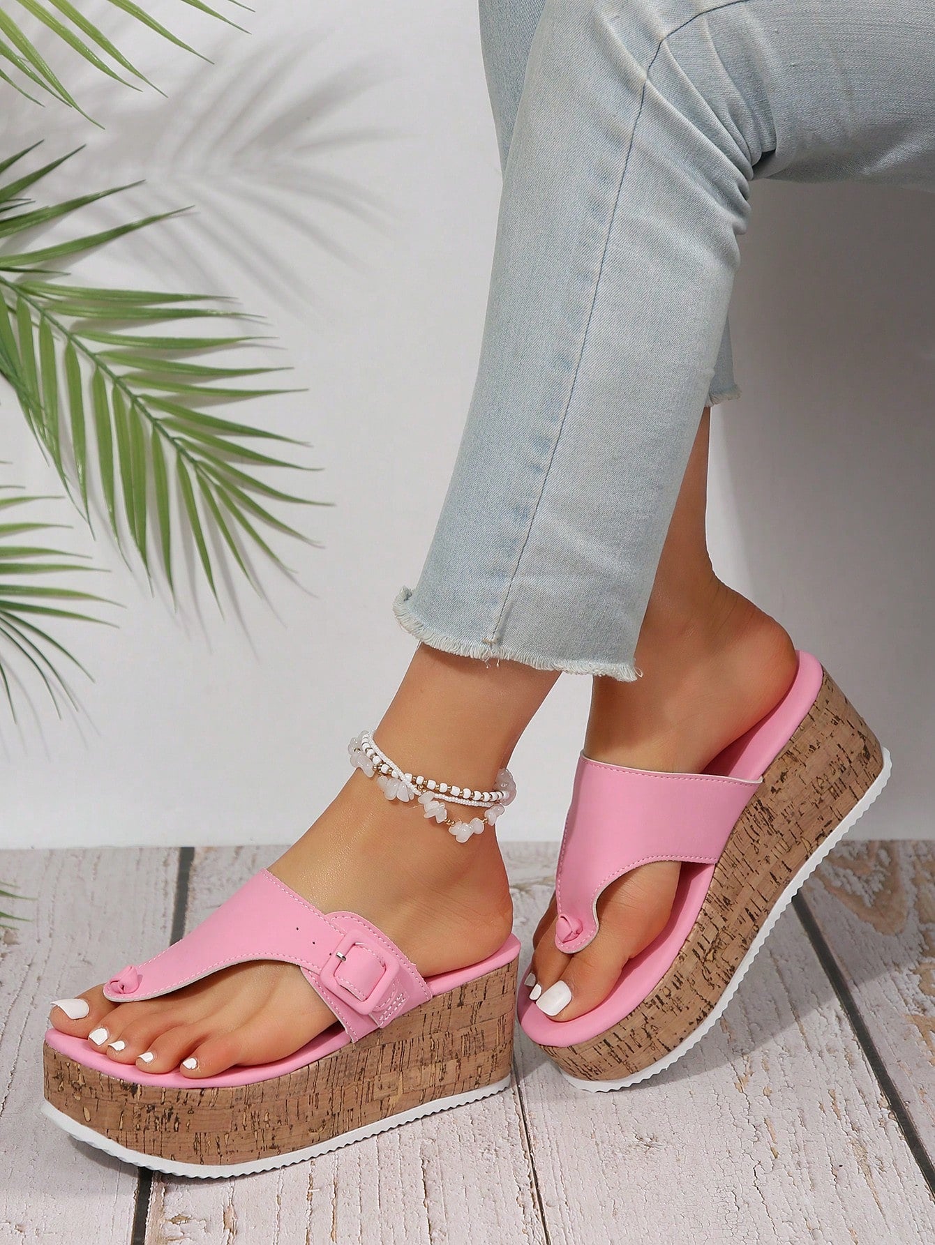 Ladies' Pink Wedge Heel & Thick Sole Fashionable Sandals