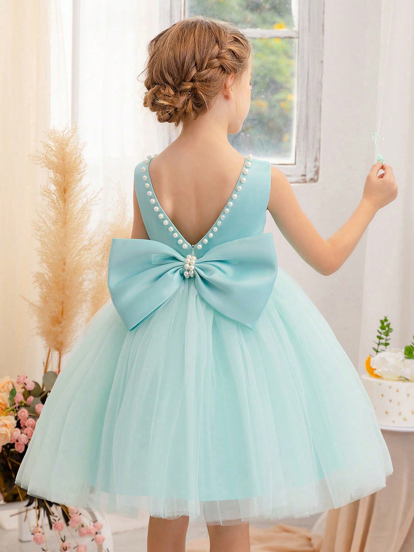 Young Girl Pearl Decor Bowknot Back Mesh Princess Dress, Suitable For Birthday, Party, Dance, Festival, Celebration, Wedding Flower Girl, Stage Show Performance