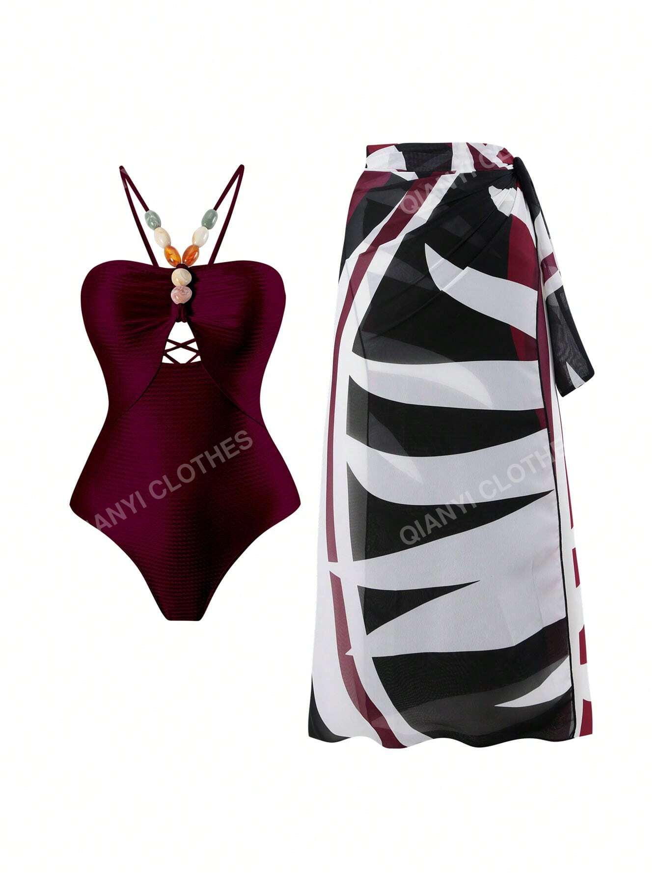 2023 New Style Women's Vintage Spa Bathing Suit And Chiffon Cover-Up Skirt 2pcs Set, One Size
