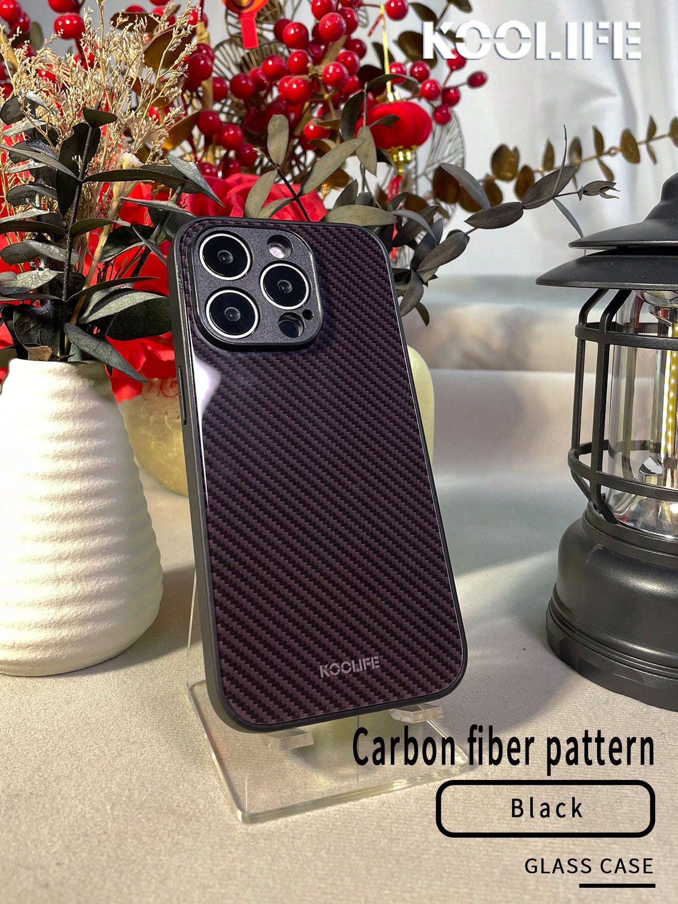 Koolife Glass Patterned Phone Case, Glass + Tpu Liquid-Proof, Carbon Fiber Texture, Anti-Drop, Full Coverage Compatible With Apple Iphone