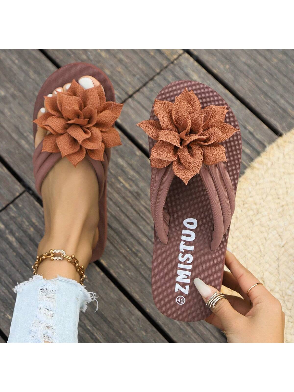 New European And American Style Goddess Fashionable Flower Glued Comfortable Beach Flip Flops