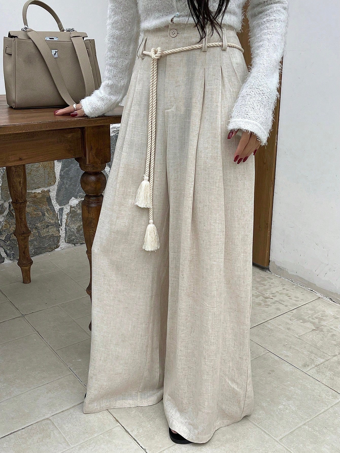 Loose Fit Folded Pleat Wide Leg Pants For Casual Wear