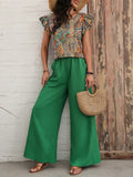 Ladies' Plant Pattern Printed Flying Sleeve Top And Pants Set