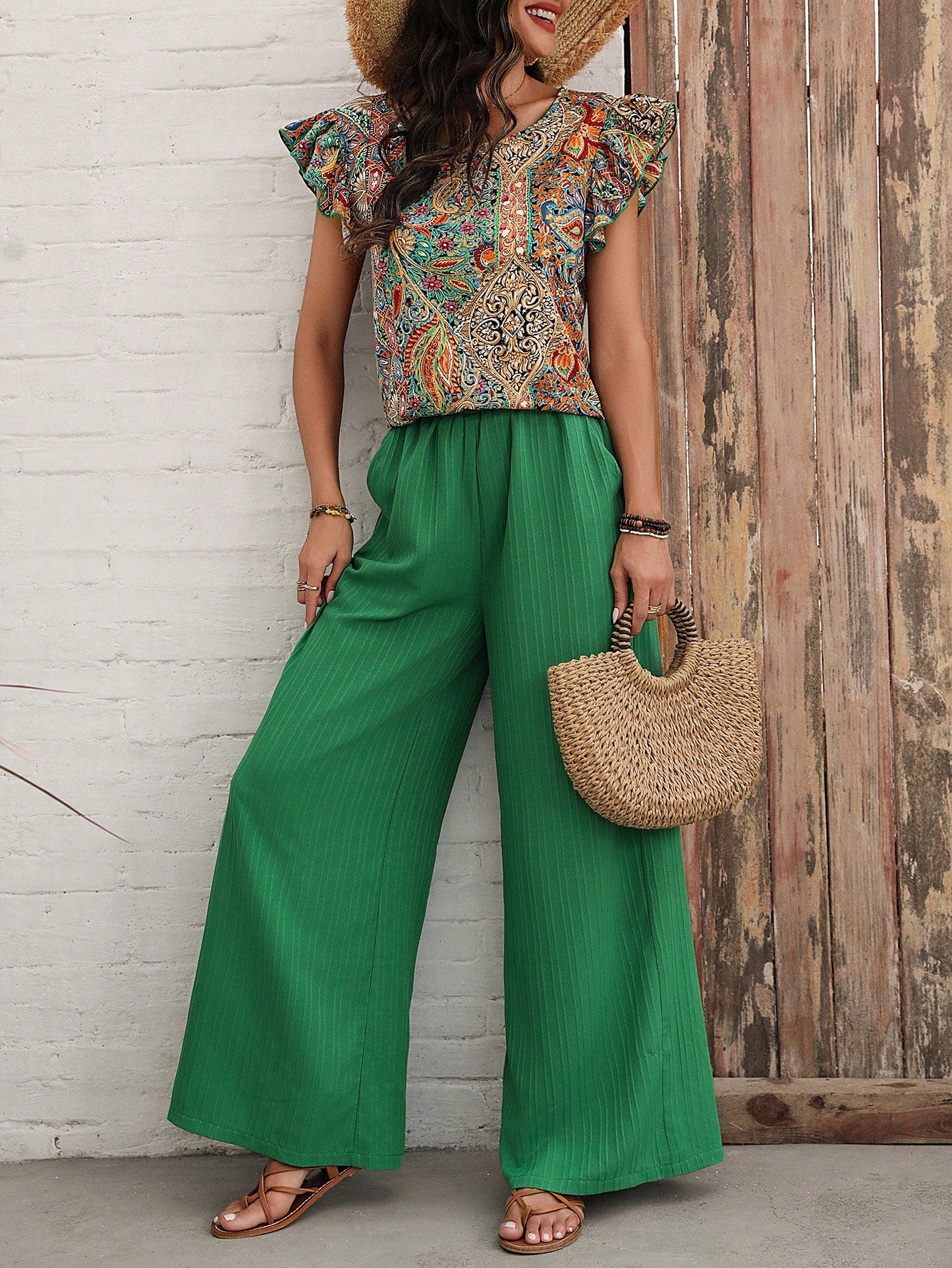 Ladies' Plant Pattern Printed Flying Sleeve Top And Pants Set