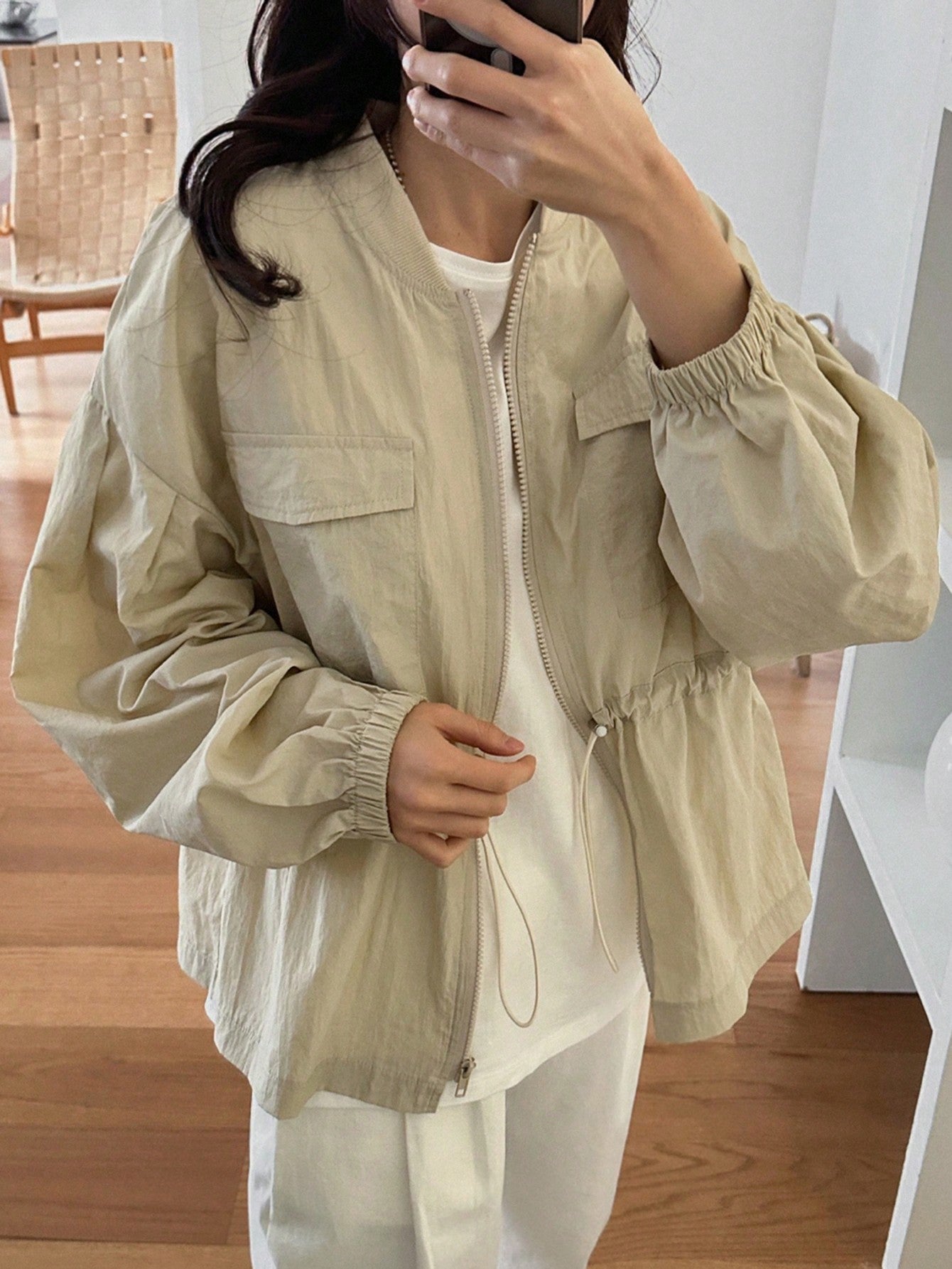FRIFUL Women's Drawstring Waist Baseball Collar Jacket