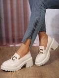 Women's Platform Wedge & Thick Sole Shoes, Beige Color, Metallic Buckle Detail