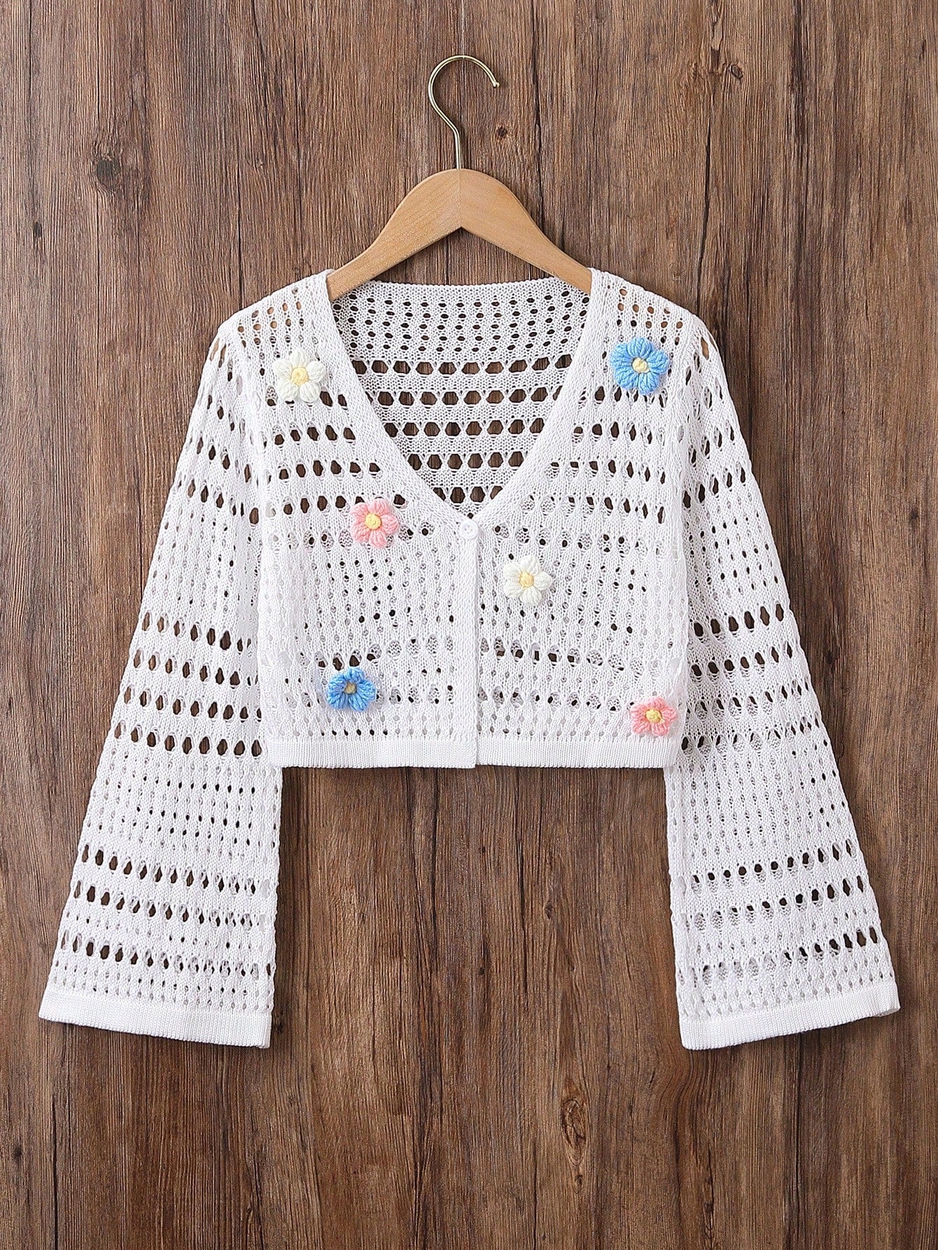 Tween Girl 3d Flower Decorated Hollow Out Knitted Cardigan