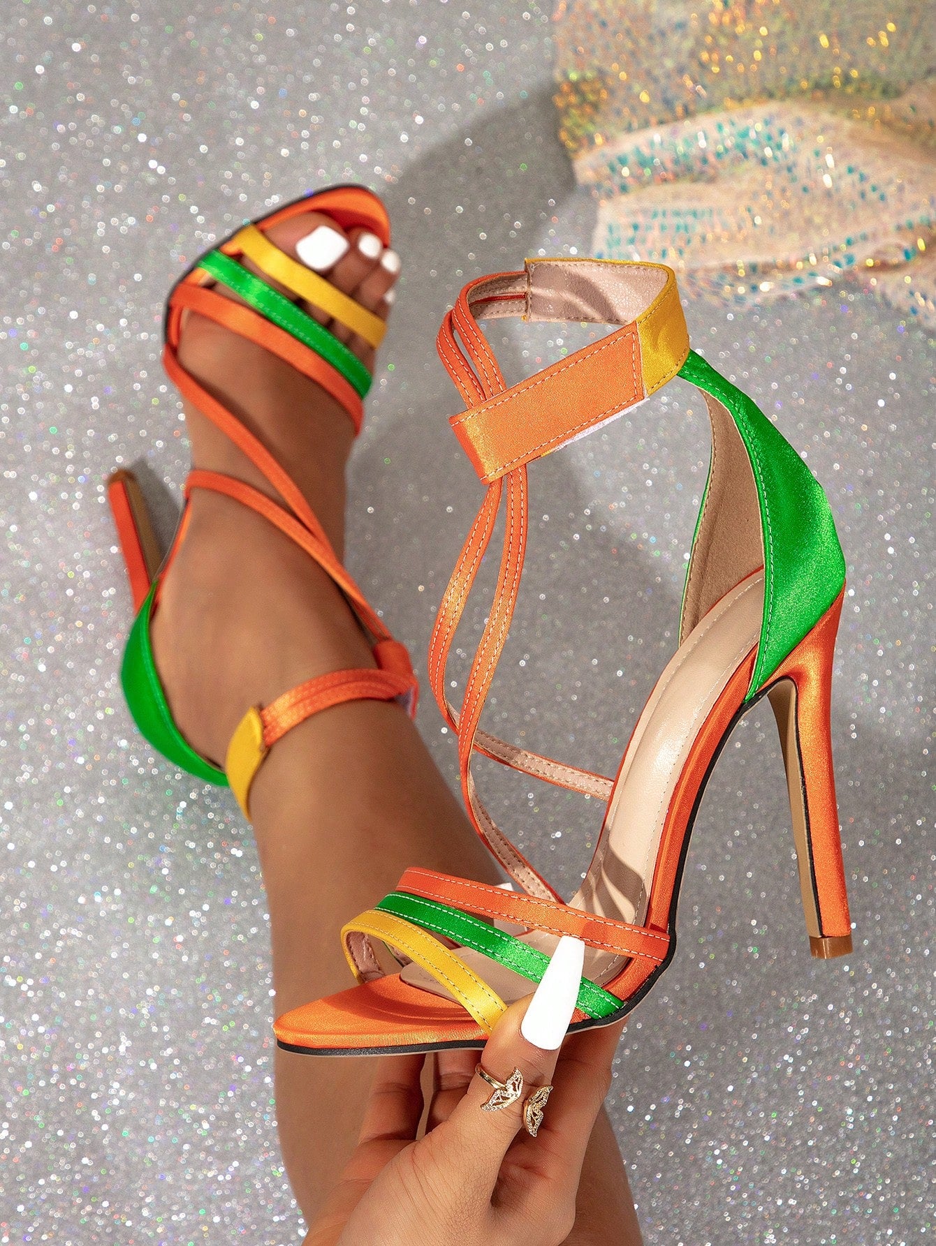 Multicolor High Heel Women's Sandals, Double Straps Convenient Hook And Loop Round Toe Design, Sexy Look